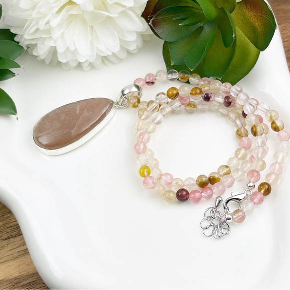 Sterling Silver 925 Peach Moonstone Pendant Cherry Quartz Necklace New - Picture 6 of 11